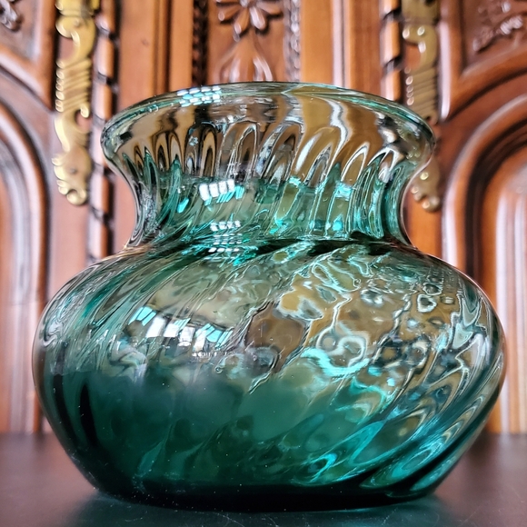 Vntg 5" Peacock Turquoise Optic Swirl Squat Vase - Picture 13 of 13